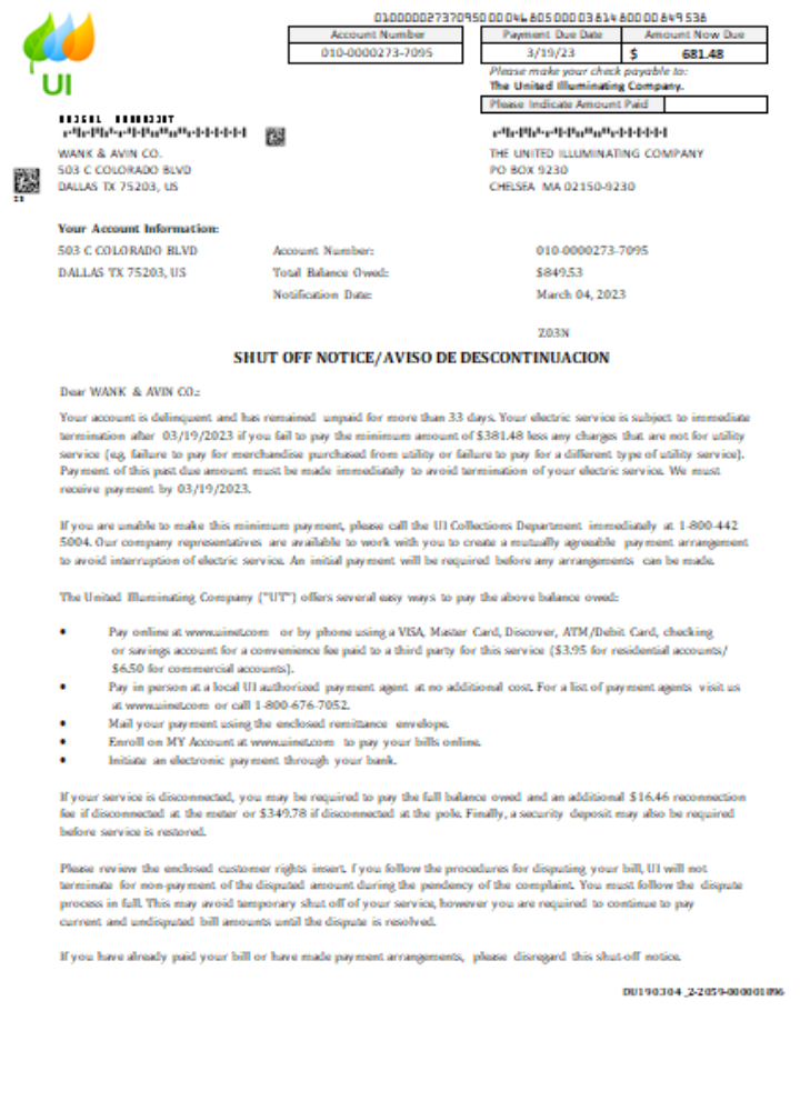 Massachusetts Chelsea SCG The United Illuminating Company shut off notice business bill, SCR PSD template